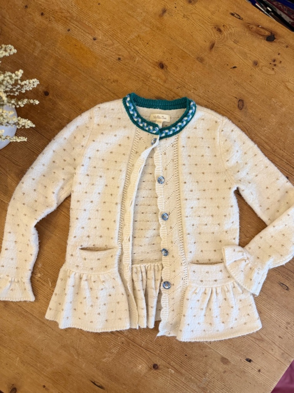 Matilda Jane Cream Knit Cardigan with Teal Trim
